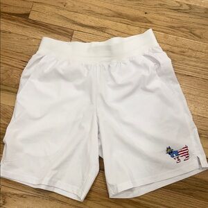 GOAT Men's White Athletic Shorts with USA Donkey Patch. Size men S